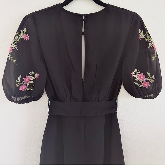 NWT ASOS Design Mini Belted Puff Sleeve Embroidery Dress Chiffon Black Floral - Picture 8 of 11